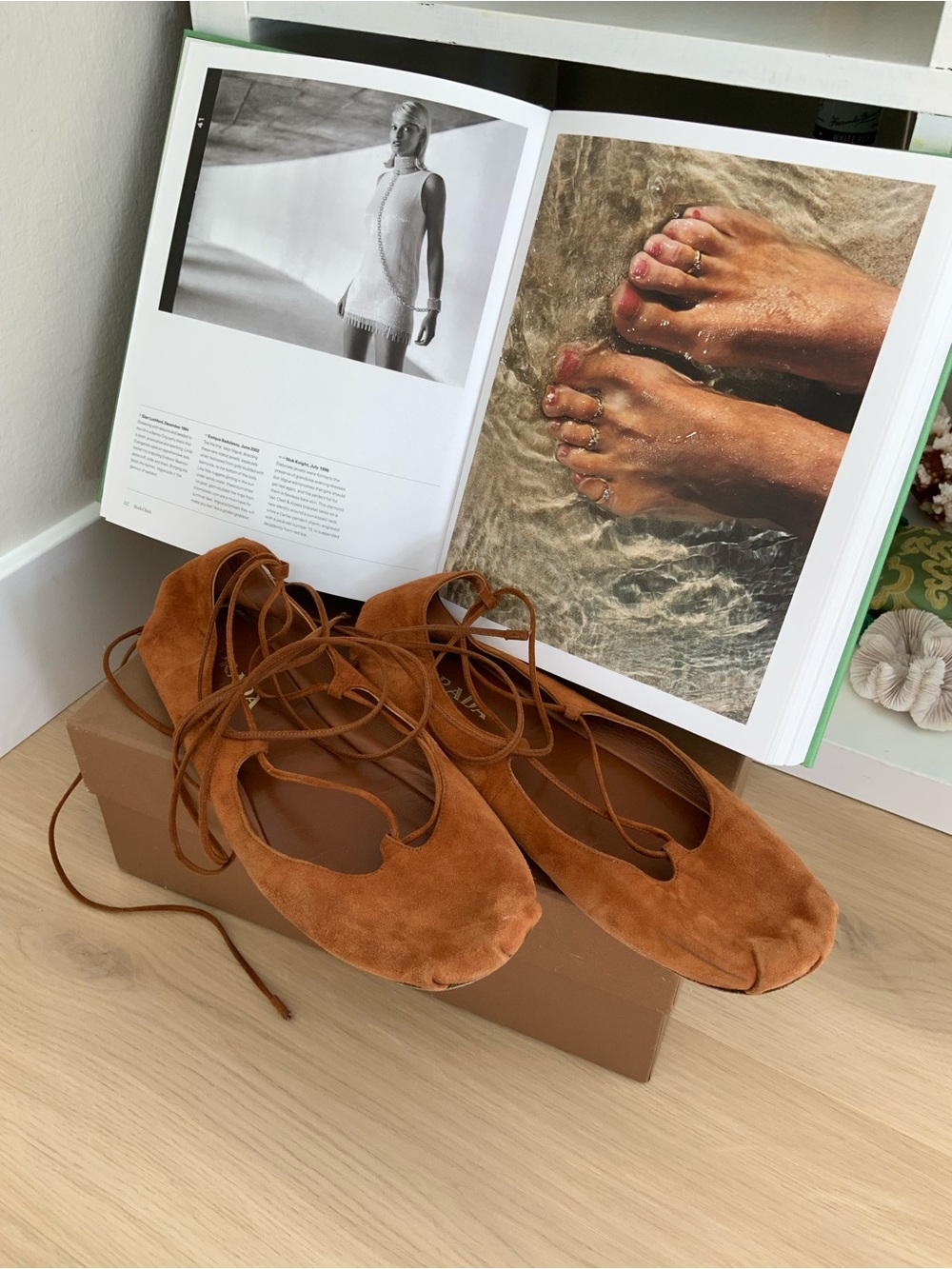 Prada Suede Lace-Up Ballet Flats in Cognac Brown